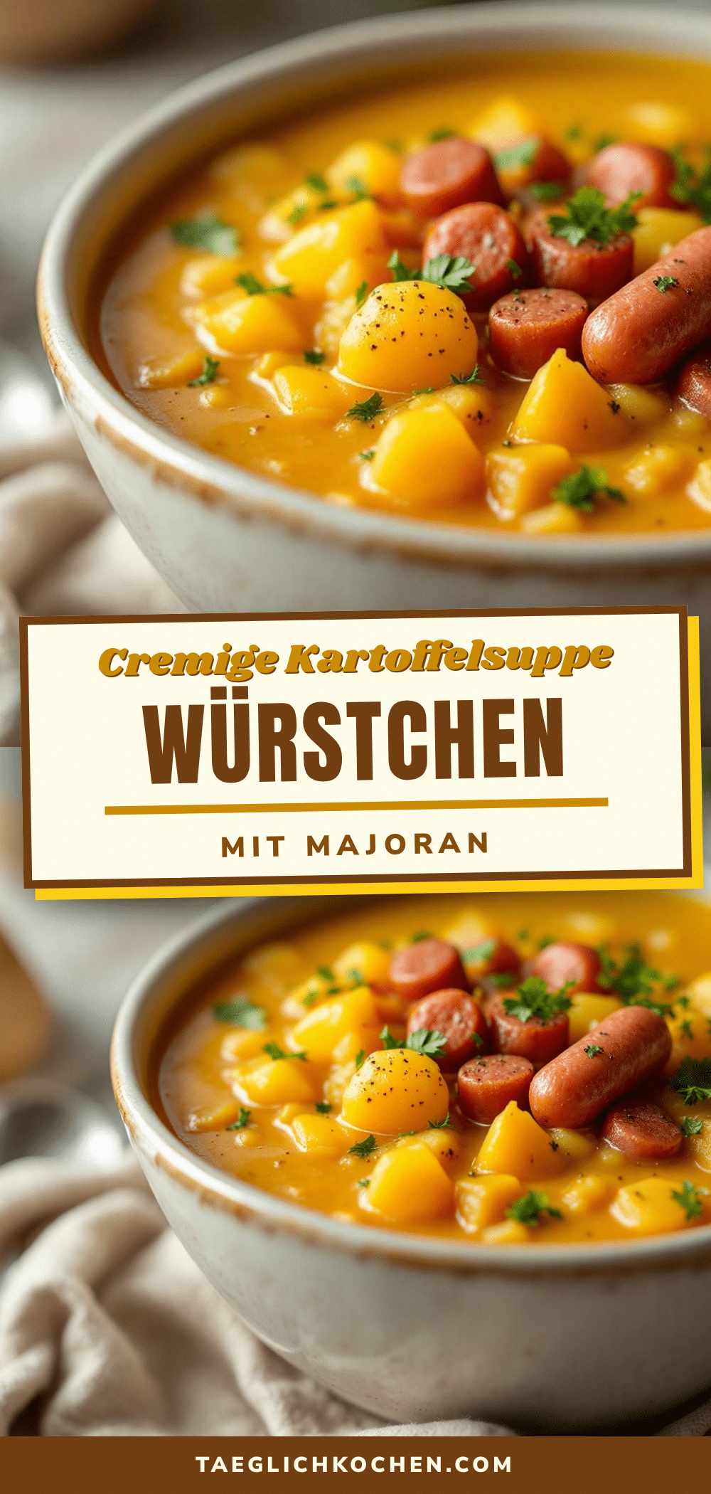 cremige Kartoffelsuppe mit Würstchen und Majoran recipe